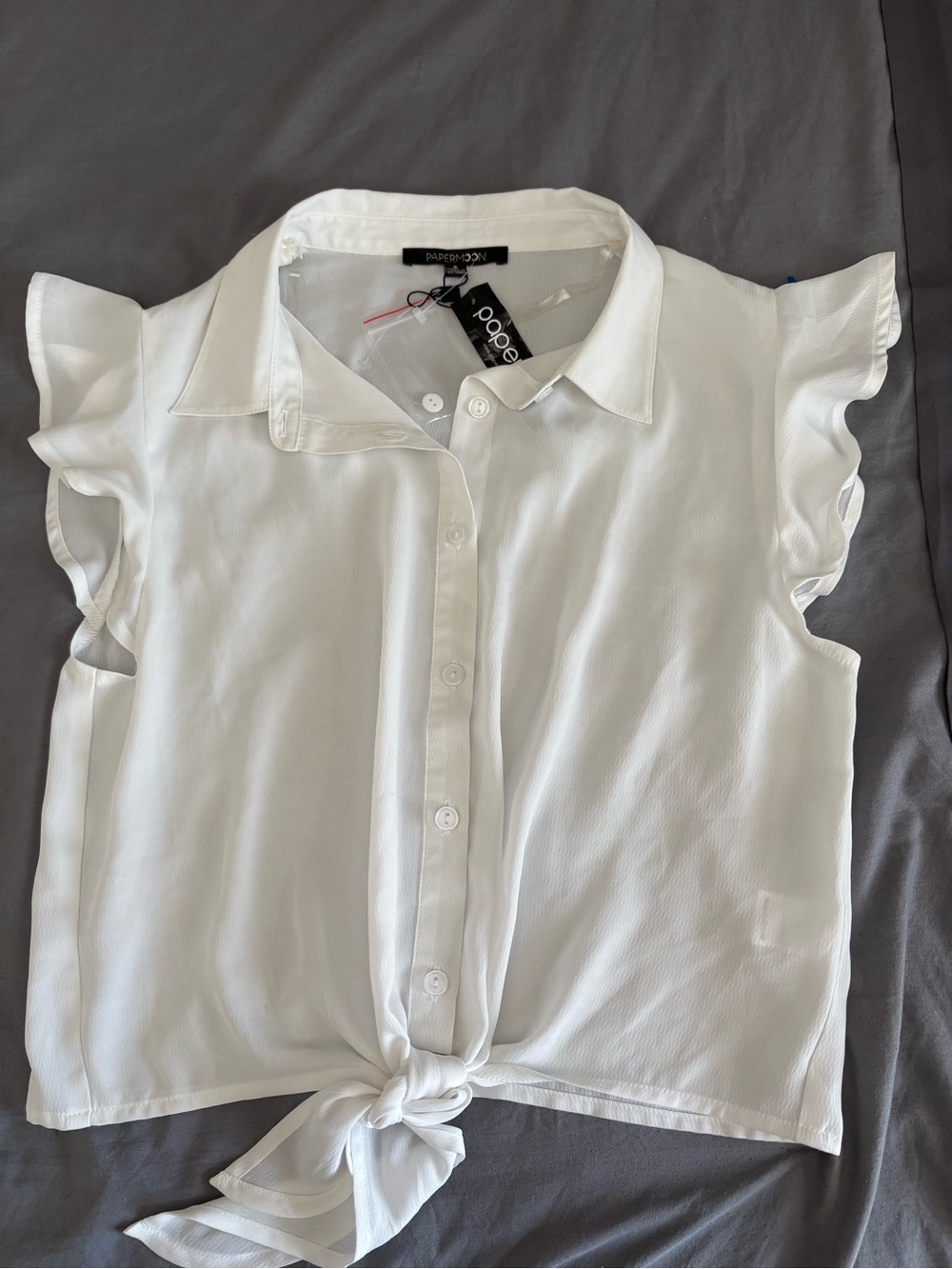 Papermoon White Tie-Front Cap Sleeve Button-Down Blouse
